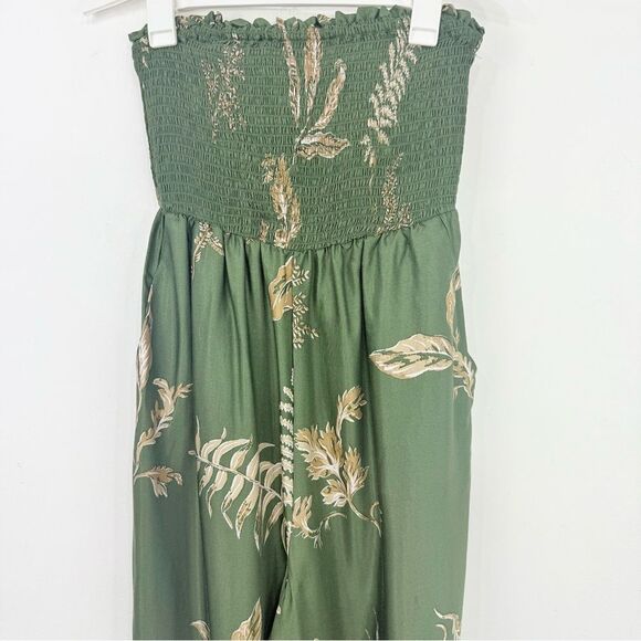 Anthropologie Olive Green Tropical Leaf Balloon Leg Smocked Sleeveless Jumper - Picture 7 of 16